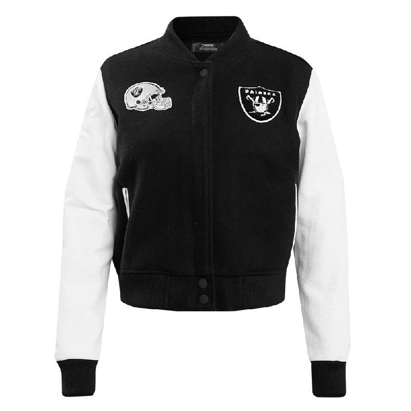 Fashion Design NFL LAS VEGAS RAIDERS CLASSIC WOOL WOMEN'S VARSITY JACKET (BLACK/WHITE) Fashion Design NFL LAS VEGAS RAIDERS CLASSIC WOOL WOMEN'S VARSITY JACKET (BLACK/WHITE)