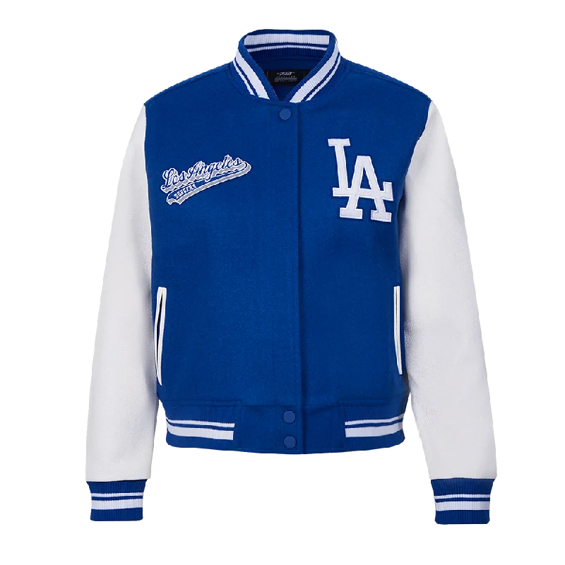 Romantic Data MLB LOS ANGELES DODGERS SCRIPT TAIL WOMEN'S RIB WOOL VARSITY JACKET (DODGER BLUE/WHITE) Romantic Data MLB LOS ANGELES DODGERS SCRIPT TAIL WOMEN'S RIB WOOL VARSITY JACKET (DODGER BLUE/WHITE)