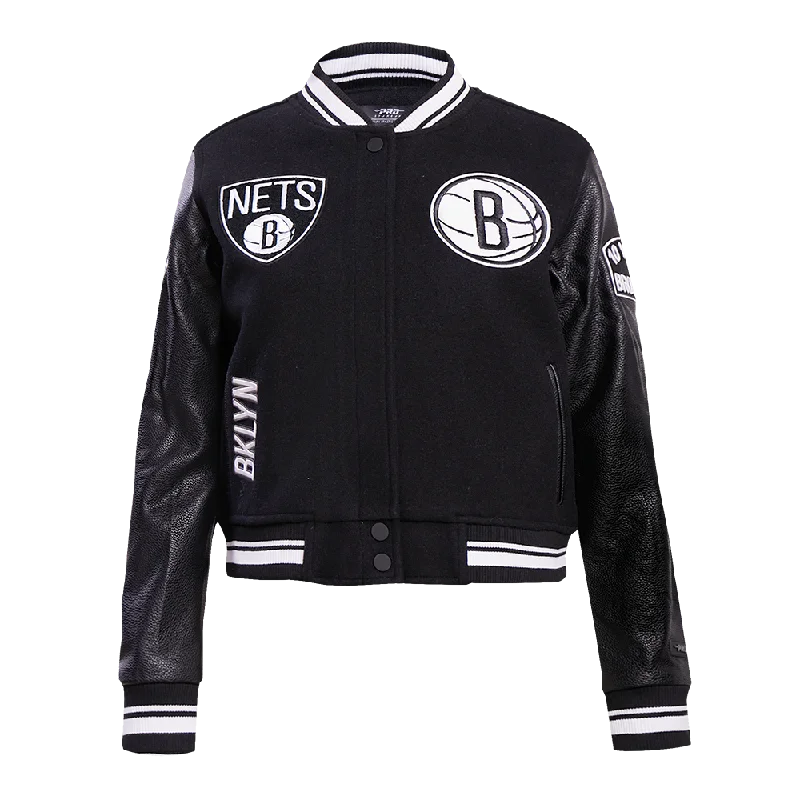 Must-have For Autumn And Winter NBA BROOKLYN NETS RETRO CLASSIC WOMEN'S RIB WOOL VARSITY JACKET (BLACK) Must-have For Autumn And Winter NBA BROOKLYN NETS RETRO CLASSIC WOMEN'S RIB WOOL VARSITY JACKET (BLACK)