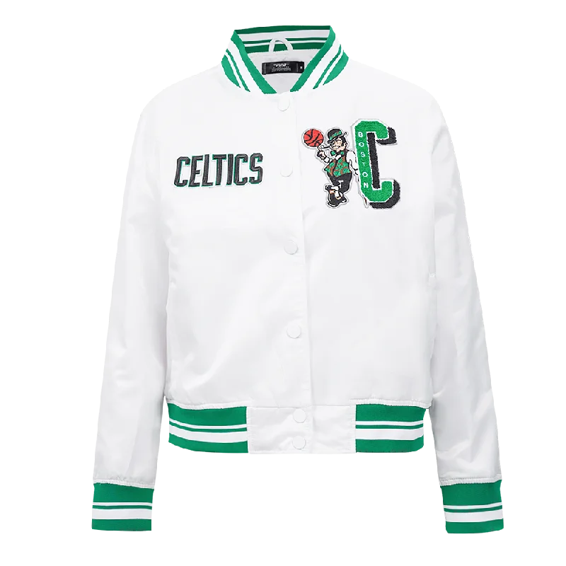 Fresh And Elegant NBA BOSTON CELTICS MASHUP WOMEN'S RIB SATIN JACKET (WHITE/GREEN) Fresh And Elegant NBA BOSTON CELTICS MASHUP WOMEN'S RIB SATIN JACKET (WHITE/GREEN)