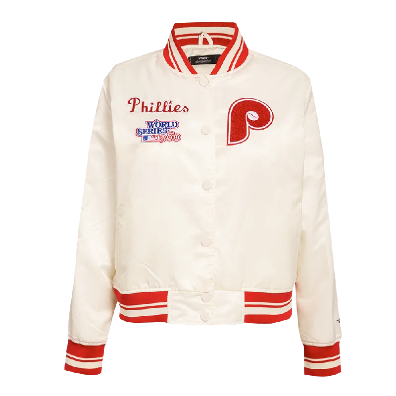 Exclusive Customization MLB PHILADELPHIA PHILLIES RETRO CLASSIC WOMEN'S RIB SATIN JACKET (EGGSHELL/RED)
