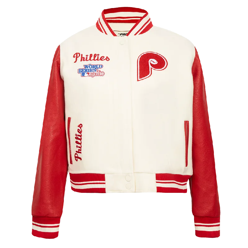 American Style MLB PHILADELPHIA PHILLIES RETRO CLASSIC WOMEN'S RIB WOOL VARSITY JACKET (EGGSHELL/ RED) American Style MLB PHILADELPHIA PHILLIES RETRO CLASSIC WOMEN'S RIB WOOL VARSITY JACKET (EGGSHELL/ RED)