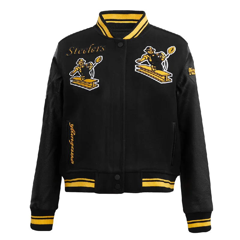 Lazy Home NFL PITTSBURGH STEELERS RETRO CLASSIC WOMEN'S RIB WOOL VARSITY JACKET (BLACK/YELLOW) Lazy Home NFL PITTSBURGH STEELERS RETRO CLASSIC WOMEN'S RIB WOOL VARSITY JACKET (BLACK/YELLOW)