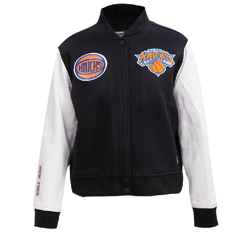 Elegant And Charming NBA NEW YORK KNICKS CLASSIC WOOL WOMEN'S VARSITY JACKET (BLACK/WHITE) Elegant And Charming NBA NEW YORK KNICKS CLASSIC WOOL WOMEN'S VARSITY JACKET (BLACK/WHITE)