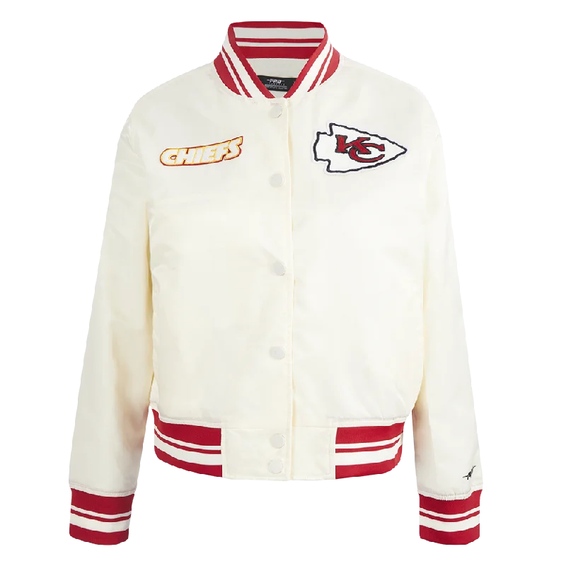 Sports Fashion NFL KANSAS CITY CHIEFS RETRO CLASSIC WOMEN'S RIB SATIN JACKET (EGGSHELL/ RED) Sports Fashion NFL KANSAS CITY CHIEFS RETRO CLASSIC WOMEN'S RIB SATIN JACKET (EGGSHELL/ RED)