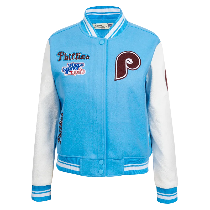 Goddess Outfit MLB PHILADELPHIA PHILLIES RETRO CLASSIC WOMEN'S RIB WOOL VARSITY JACKET (UNIVERSITY BLUE/WHITE) Goddess Outfit MLB PHILADELPHIA PHILLIES RETRO CLASSIC WOMEN'S RIB WOOL VARSITY JACKET (UNIVERSITY BLUE/WHITE)