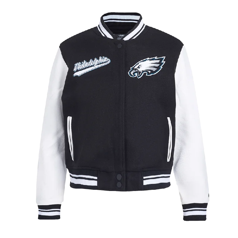 Youthful Vitality NFL PHILADELPHIA EAGLES SCRIPT TAIL WOMEN'S WOOL VARSITY JACKET (BLACK/WHITE) Youthful Vitality NFL PHILADELPHIA EAGLES SCRIPT TAIL WOMEN'S WOOL VARSITY JACKET (BLACK/WHITE)