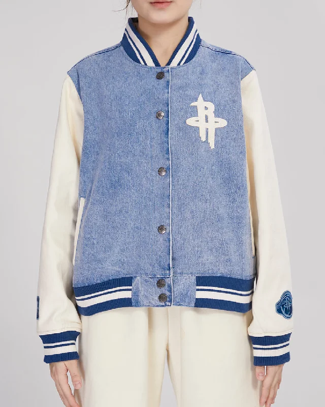 Design Trend NBA HOUSTON ROCKETS VARSITY BLUES WOMEN'S DENIM VARSITY WOMEN'S JACKET (DENIM/LINEN) Design Trend NBA HOUSTON ROCKETS VARSITY BLUES WOMEN'S DENIM VARSITY WOMEN'S JACKET (DENIM/LINEN)