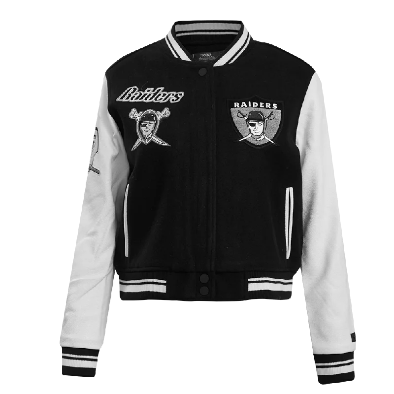 Spring Fashion NFL OAKLAND RAIDERS RETRO CLASSIC WOMEN'S RIB WOOL VARSITY JACKET (BLACK/WHITE) Spring Fashion NFL OAKLAND RAIDERS RETRO CLASSIC WOMEN'S RIB WOOL VARSITY JACKET (BLACK/WHITE)