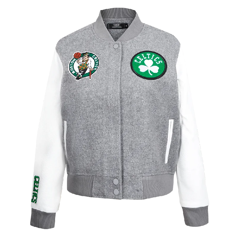 Comfortable And Cold-proof NBA BOSTON CELTICS CLASSIC WOMEN'S WOOL VARSITY JACKET (HEATHER GREY/WHITE)