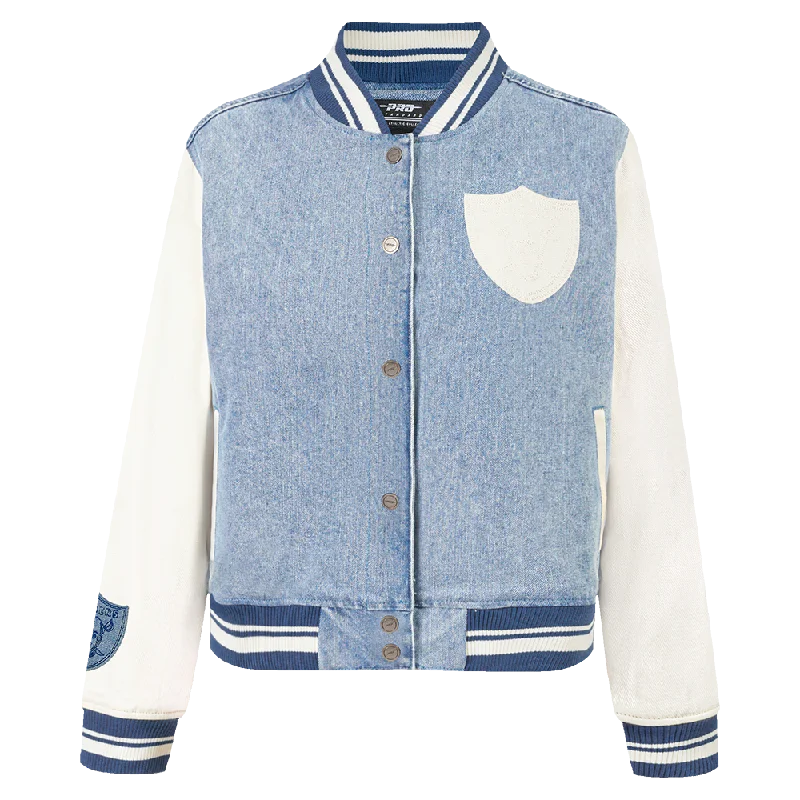 End Of The Year NFL LAS VEGAS RAIDERS VARSITY BLUES WOMEN'S DENIM VARSITY JACKET (DENIM/LINEN) End Of The Year NFL LAS VEGAS RAIDERS VARSITY BLUES WOMEN'S DENIM VARSITY JACKET (DENIM/LINEN)