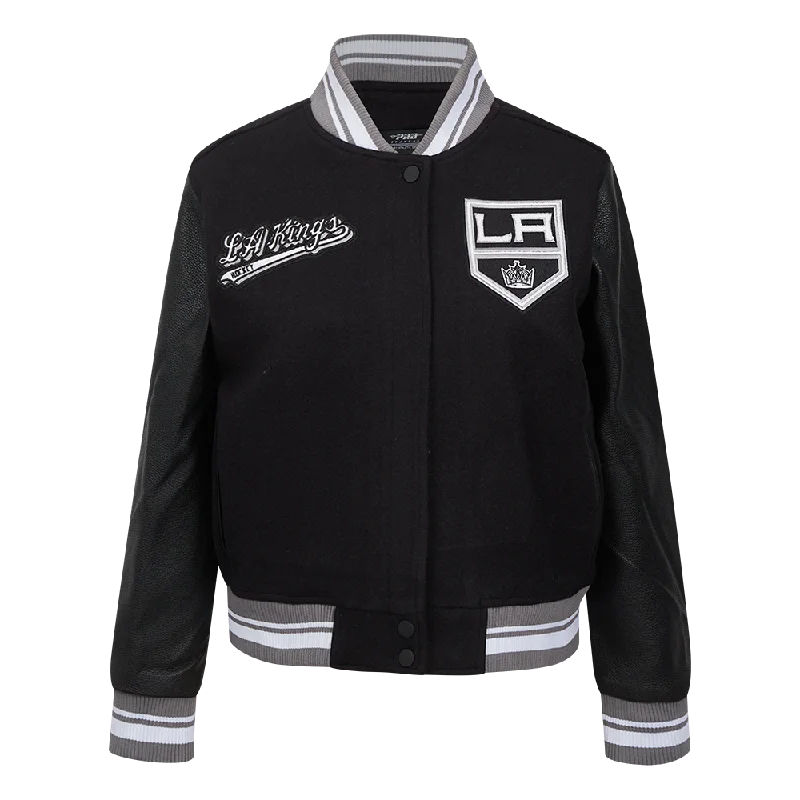 Short Design NHL LOS ANGELES KINGS SCRIPT TAIL WOMEN'S WOOL VARSITY JACKET (BLACK/GRAY) Short Design NHL LOS ANGELES KINGS SCRIPT TAIL WOMEN'S WOOL VARSITY JACKET (BLACK/GRAY)
