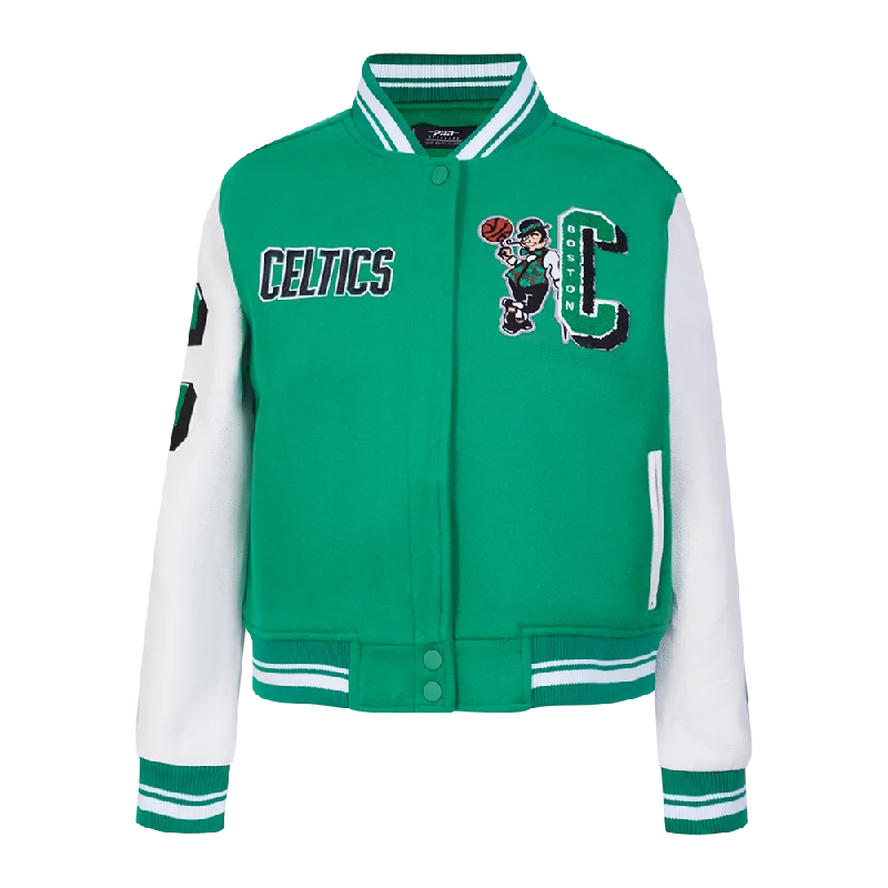 Tropical Style NBA BOSTON CELTICS MASHUP WOMEN'S RIB WOOL VARSITY JACKET (KELLY GREEN/ WHITE) Tropical Style NBA BOSTON CELTICS MASHUP WOMEN'S RIB WOOL VARSITY JACKET (KELLY GREEN/ WHITE)