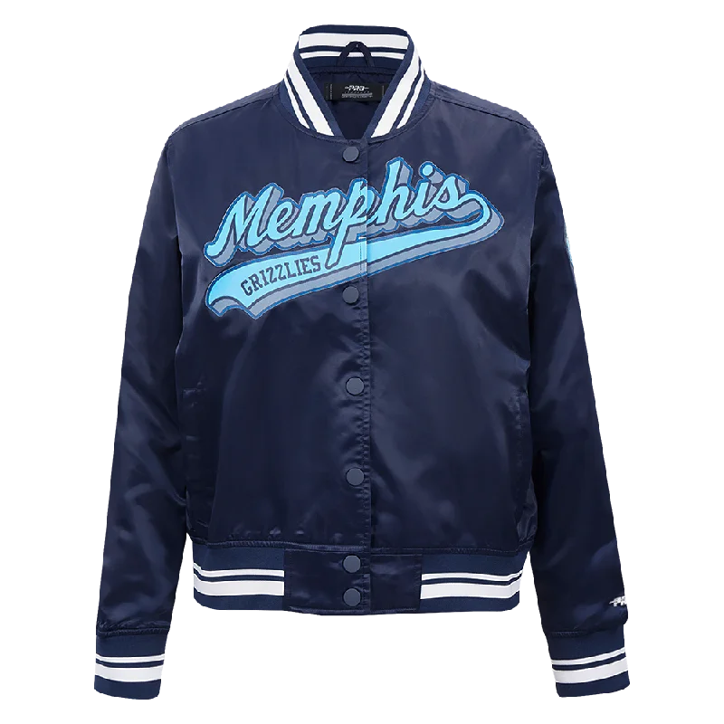 Street Fashion NBA MEMPHIS GRIZZLIES SCRIPT TAIL WOMEN'S SATIN JACKET (MIDNIGHT NAVY) Street Fashion NBA MEMPHIS GRIZZLIES SCRIPT TAIL WOMEN'S SATIN JACKET (MIDNIGHT NAVY)