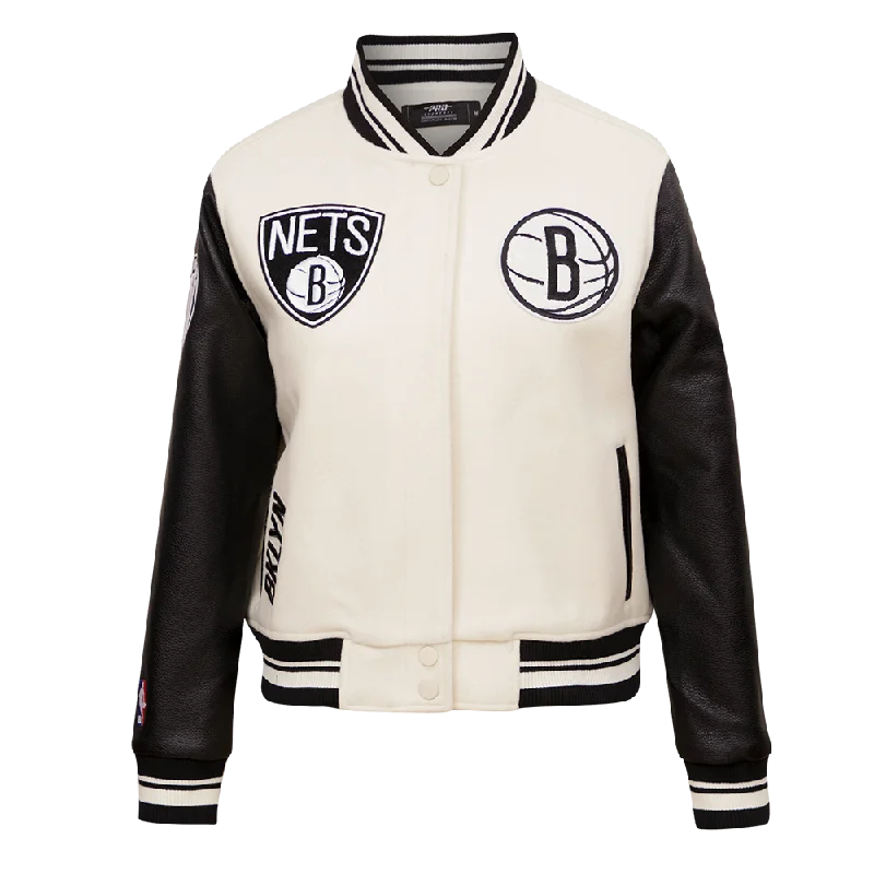 Versatile Itinerary NBA BROOKLYN NETS RETRO CLASSIC WOMEN'S RIB WOOL VARSITY JACKET (EGGSHELL/ BLACK) Versatile Itinerary NBA BROOKLYN NETS RETRO CLASSIC WOMEN'S RIB WOOL VARSITY JACKET (EGGSHELL/ BLACK)