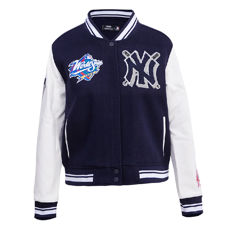 French Style MLB NEW YORK YANKEES MASHUP WOOL WOMEN'S VARSITY JACKET (MIDNIGHT NAVY/WHITE) French Style MLB NEW YORK YANKEES MASHUP WOOL WOMEN'S VARSITY JACKET (MIDNIGHT NAVY/WHITE)