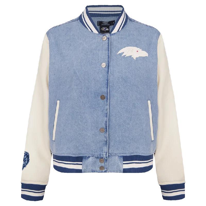Youthful Style NFL BALTIMORE RAVENS VARSITY BLUES WOMEN'S DENIM VARSITY JACKET (DENIM/LINEN) Youthful Style NFL BALTIMORE RAVENS VARSITY BLUES WOMEN'S DENIM VARSITY JACKET (DENIM/LINEN)