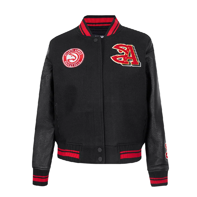Celebrity Style NBA ATLANTA HAWKS MASHUP WOMEN'S RIB WOOL VARSITY JACKET (BLACK/RED/BLACK) Celebrity Style NBA ATLANTA HAWKS MASHUP WOMEN'S RIB WOOL VARSITY JACKET (BLACK/RED/BLACK)