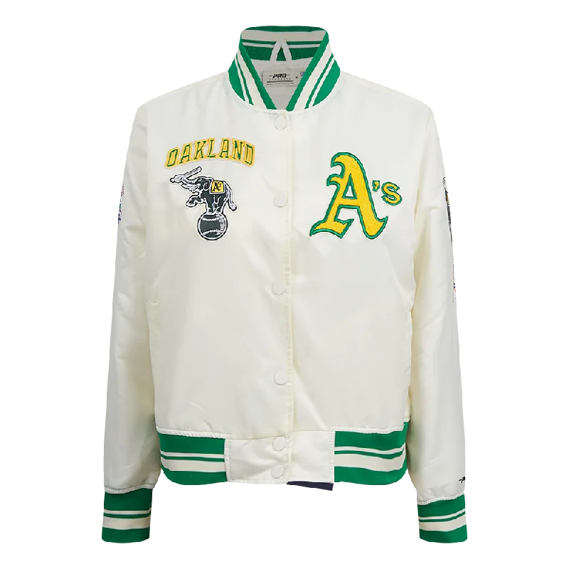 Editorial Design MLB OAKLAND ATHLETICS RETRO CLASSIC WOMEN'S RIB SATIN JACKET (EGGSHELL/ KELLY GREEN) Editorial Design MLB OAKLAND ATHLETICS RETRO CLASSIC WOMEN'S RIB SATIN JACKET (EGGSHELL/ KELLY GREEN)