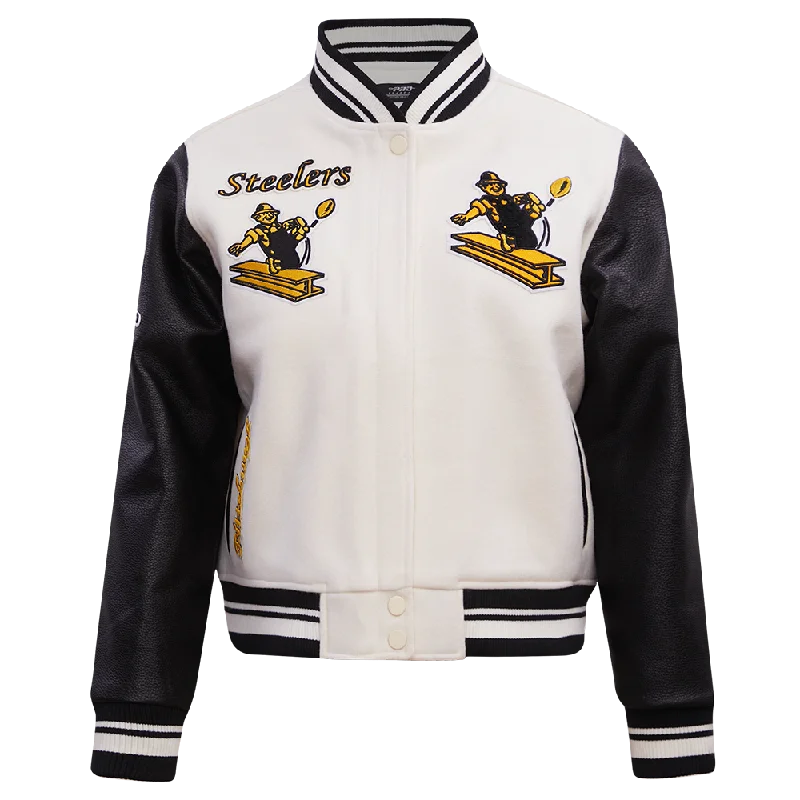 Avant-garde Design NFL PITTSBURGH STEELERS RETRO CLASSIC WOMEN'S RIB WOOL VARSITY JACKET (EGGSHELL/ BLACK) Avant-garde Design NFL PITTSBURGH STEELERS RETRO CLASSIC WOMEN'S RIB WOOL VARSITY JACKET (EGGSHELL/ BLACK)