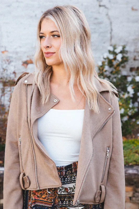 Tropical Style Isamar Faux Suede Moto Jacket, Sandshell | Velvet Heart