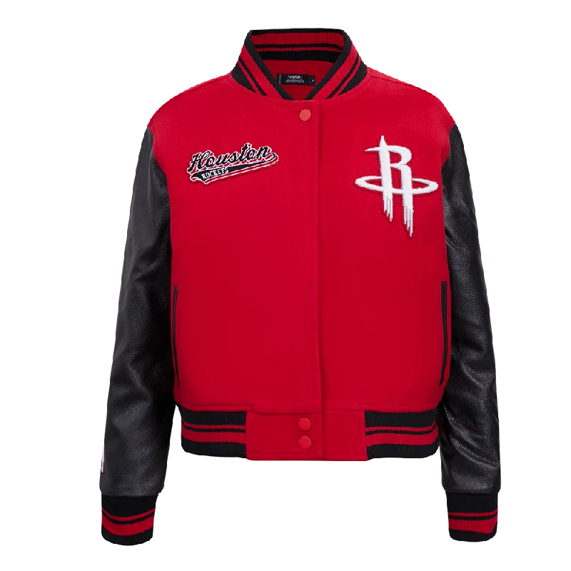 Sports Series NBA HOUSTON ROCKETS SCRIPT TAIL WOMEN'S WOOL VARSITY JACKET (RED/BLACK) Sports Series NBA HOUSTON ROCKETS SCRIPT TAIL WOMEN'S WOOL VARSITY JACKET (RED/BLACK)