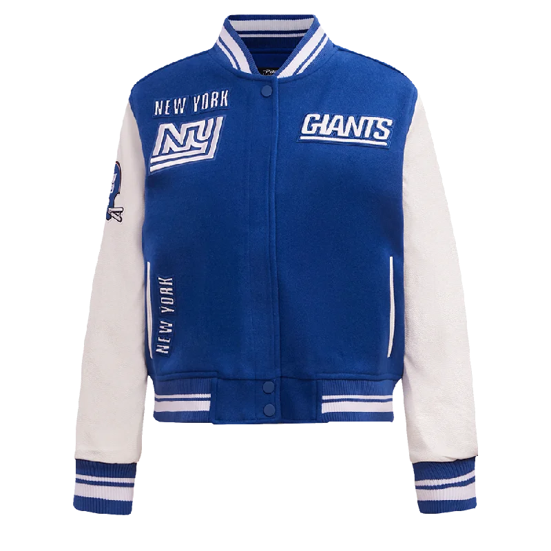 Comfortable Mind NFL NEW YORK GIANTS RETRO CLASSIC WOMEN'S RIB WOOL VARSITY JACKET (DODGER BLUE/WHITE) Comfortable Mind NFL NEW YORK GIANTS RETRO CLASSIC WOMEN'S RIB WOOL VARSITY JACKET (DODGER BLUE/WHITE)