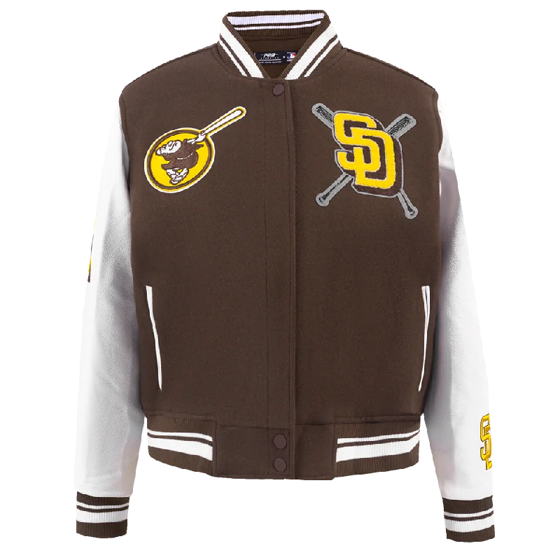 Practical Style MLB SAN DIEGO PADRES MASHUP WOMEN'S RIB WOOL VARSITY JACKET (BROWN/WHITE) Practical Style MLB SAN DIEGO PADRES MASHUP WOMEN'S RIB WOOL VARSITY JACKET (BROWN/WHITE)
