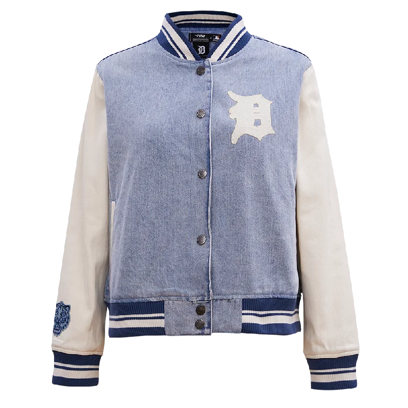 Must-have For Fashion MLB DETROIT TIGERS VARSITY BLUES WOMEN'S DENIM VARSITY JACKET (DENIM/LINEN) Must-have For Fashion MLB DETROIT TIGERS VARSITY BLUES WOMEN'S DENIM VARSITY JACKET (DENIM/LINEN)