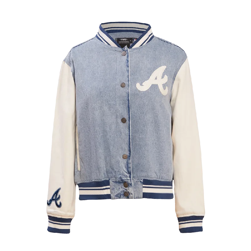 Fashion Must-have MLB ATLANTA BRAVES VARSITY BLUES WOMEN'S DENIM VARSITY JACKET (DENIM/LINEN) Fashion Must-have MLB ATLANTA BRAVES VARSITY BLUES WOMEN'S DENIM VARSITY JACKET (DENIM/LINEN)
