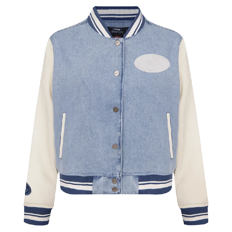 Economic Outlook NFL SAN FRANCISCO 49ERS VARSITY BLUES WOMEN'S DENIM VARSITY JACKET (DENIM/LINEN) Economic Outlook NFL SAN FRANCISCO 49ERS VARSITY BLUES WOMEN'S DENIM VARSITY JACKET (DENIM/LINEN)
