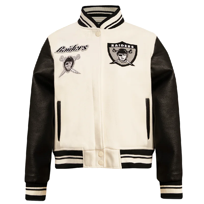 Sweet Style NFL OAKLAND RAIDERS RETRO CLASSIC WOMEN'S RIB WOOL VARSITY JACKET (EGGSHELL/ BLACK) Sweet Style NFL OAKLAND RAIDERS RETRO CLASSIC WOMEN'S RIB WOOL VARSITY JACKET (EGGSHELL/ BLACK)