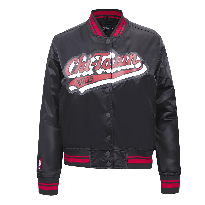 Lace Design NBA CHICAGO BULLS SCRIPT TAIL WOMEN'S RIB SATIN JACKET (BLACK/RED/BLACK) Lace Design NBA CHICAGO BULLS SCRIPT TAIL WOMEN'S RIB SATIN JACKET (BLACK/RED/BLACK)
