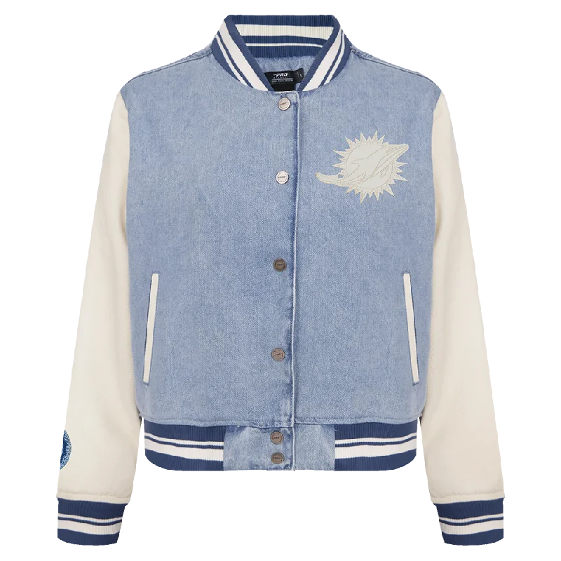 Bright Colors NFL MIAMI DOLPHINS VARSITY BLUES WOMEN'S DENIM VARSITY JACKET (DENIM/LINEN) Bright Colors NFL MIAMI DOLPHINS VARSITY BLUES WOMEN'S DENIM VARSITY JACKET (DENIM/LINEN)