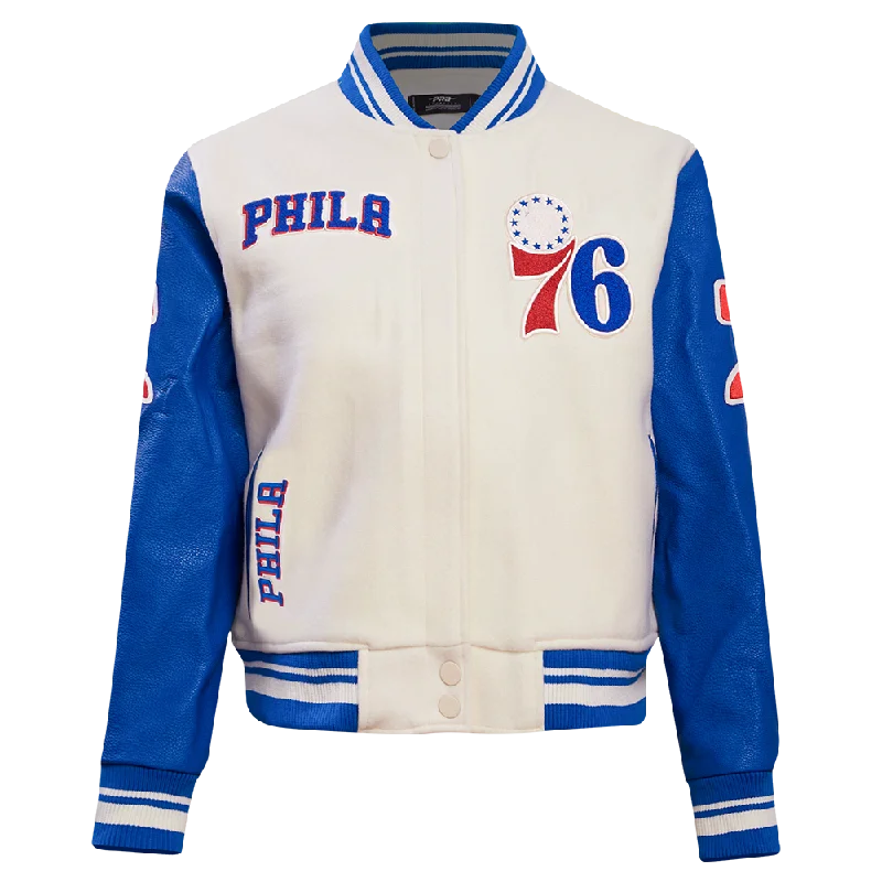 Trendy Items NBA PHILADELPHIA 76ERS RETRO CLASSIC WOMEN'S RIB WOOL VARSITY JACKET (EGGSHELL/ROYAL BLUE) Trendy Items NBA PHILADELPHIA 76ERS RETRO CLASSIC WOMEN'S RIB WOOL VARSITY JACKET (EGGSHELL/ROYAL BLUE)