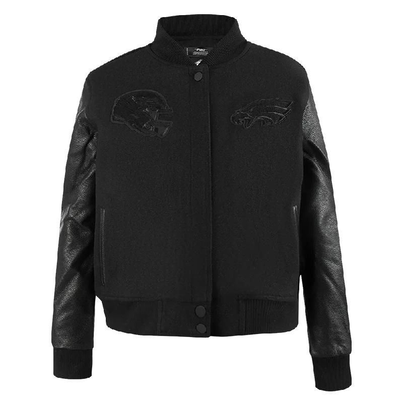 French Style NFL PHILADELPHIA EAGLES TRIPLE BLACK WOMEN'S WOOL VARSITY JACKET (TRIPLE BLACK) French Style NFL PHILADELPHIA EAGLES TRIPLE BLACK WOMEN'S WOOL VARSITY JACKET (TRIPLE BLACK)