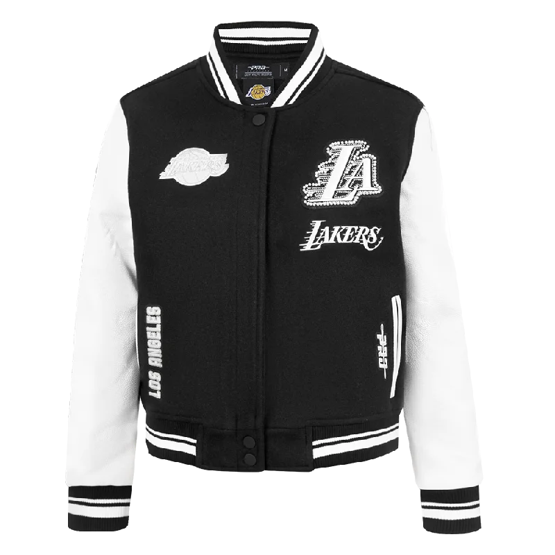 Fresh And Fashionable NBA LOS ANGELES LAKERS PEARLS WOMEN'S RIB WOOL VARSITY JACKET (BLACK/WHITE) Fresh And Fashionable NBA LOS ANGELES LAKERS PEARLS WOMEN'S RIB WOOL VARSITY JACKET (BLACK/WHITE)