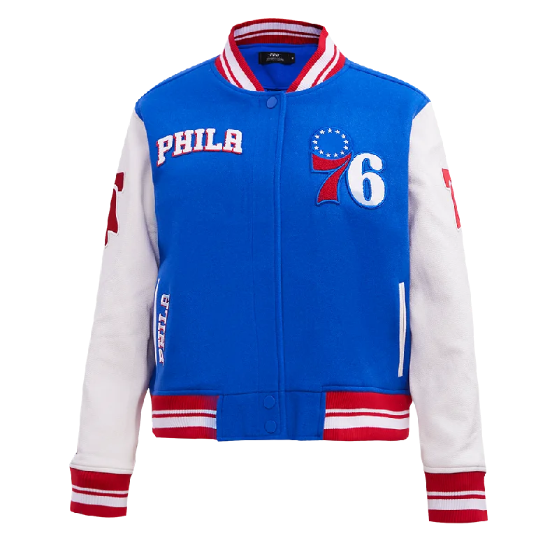 Comfortable Series NBA PHILADELPHIA 76ERS RETRO CLASSIC WOMEN'S RIB WOOL VARSITY JACKET (ROYAL BLUE/RED) Comfortable Series NBA PHILADELPHIA 76ERS RETRO CLASSIC WOMEN'S RIB WOOL VARSITY JACKET (ROYAL BLUE/RED)