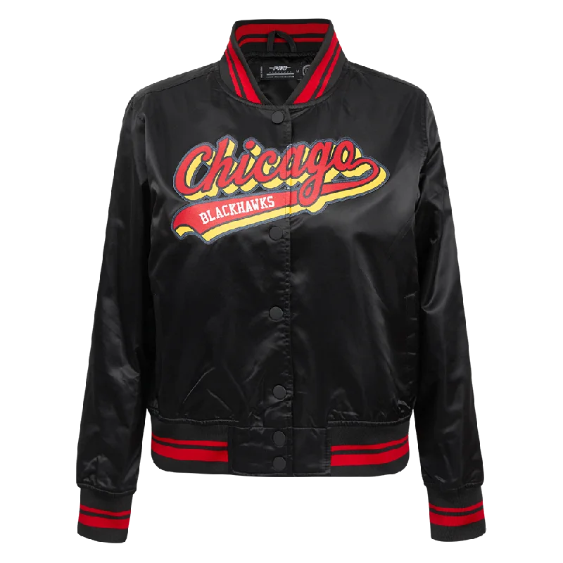 Lively And Youthful NHL CHICAGO BLACKHAWKS SCRIPT TAIL WOMEN'S SATIN JACKET (BLACK/RED/BLACK) Lively And Youthful NHL CHICAGO BLACKHAWKS SCRIPT TAIL WOMEN'S SATIN JACKET (BLACK/RED/BLACK)
