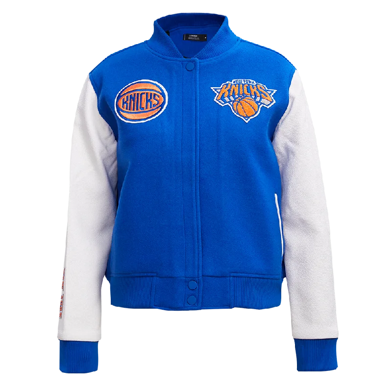 Noble And Elegant NBA NEW YORK KNICKS CLASSIC WOOL WOMEN'S VARSITY JACKET (ROYAL BLUE/WHITE) Noble And Elegant NBA NEW YORK KNICKS CLASSIC WOOL WOMEN'S VARSITY JACKET (ROYAL BLUE/WHITE)