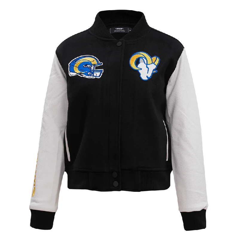 Fashionable Prints NFL LOS ANGELES RAMS CLASSIC WOOL WOMEN'S VARSITY JACKET (BLACK/WHITE) Fashionable Prints NFL LOS ANGELES RAMS CLASSIC WOOL WOMEN'S VARSITY JACKET (BLACK/WHITE)