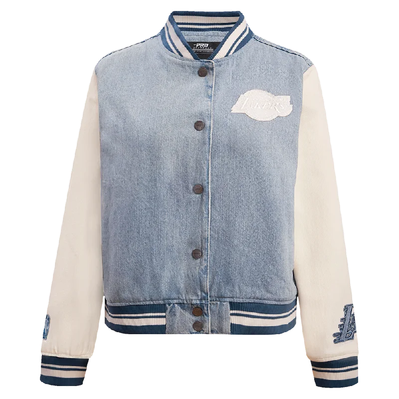Goddess Style NBA LOS ANGELES LAKERS VARSITY BLUES WOMEN'S DENIM VARSITY WOMEN'S JACKET (DENIM/LINEN) Goddess Style NBA LOS ANGELES LAKERS VARSITY BLUES WOMEN'S DENIM VARSITY WOMEN'S JACKET (DENIM/LINEN)