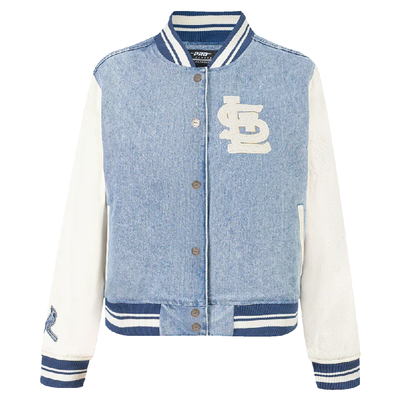 Celebrity Style MLB ST. LOUIS CARDINALS VARSITY BLUES WOMEN'S DENIM VARSITY JACKET (DENIM/LINEN) Celebrity Style MLB ST. LOUIS CARDINALS VARSITY BLUES WOMEN'S DENIM VARSITY JACKET (DENIM/LINEN)