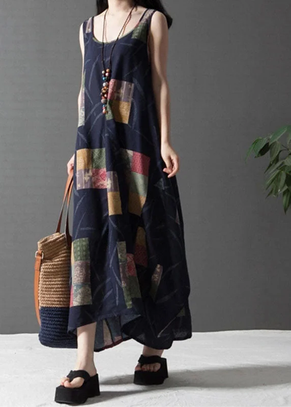 New Products Bohemian Black Print Cotton Vacation Dresses Sleeveless