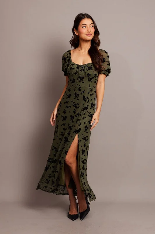 Personalized Wear Green Ditsy Midi Dress Puff Sleeve