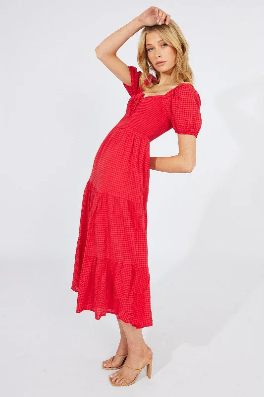 Boutique style Red Midi Dress Short Sleeve Shirred