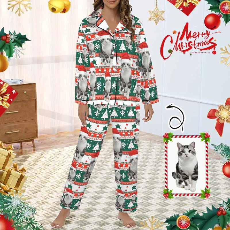 Street Sports Shoes Xmas Special-Custom Pet Photo Christmas Gift Women's Long Sleeve Satin Pajamas Set