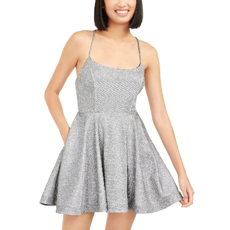 Luxury Fashion Speechless Juniors' Shimmer Lace-Back Dress Silver Size 1