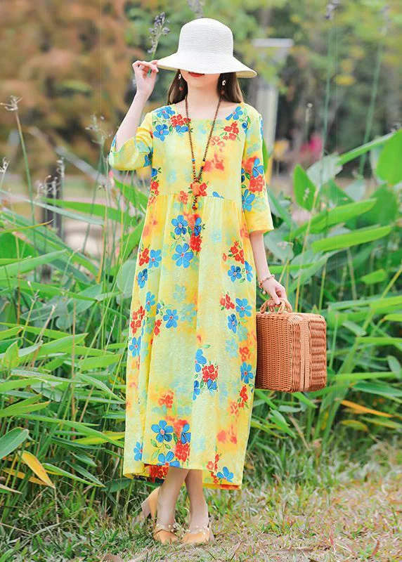 Relaxed Dresses Art Yellow O-Neck Print Cotton Vacation Dresses Half Sleeve