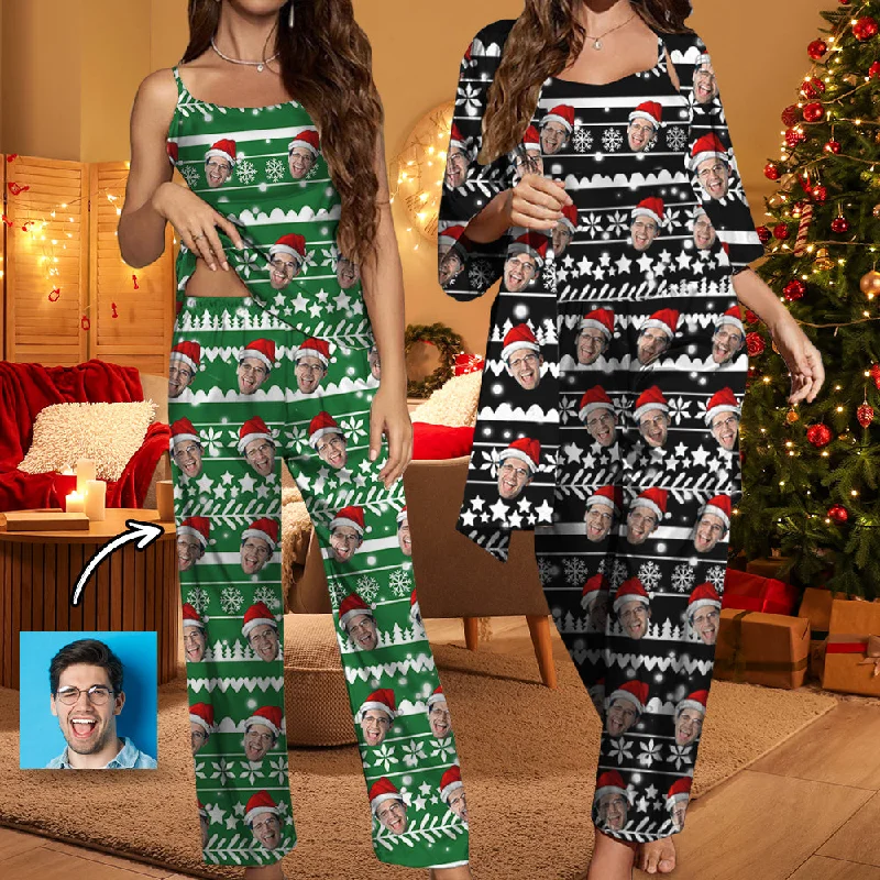 Advanced Design Custom Face Snowflakes Satin Women's Three-Piece Pocket Cami Pajama Robe Set